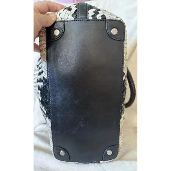 COLE HAAN Genevieve Woven Weave Black & White Tote Shoulder Bag Braided Handles - Picture 4 of 13